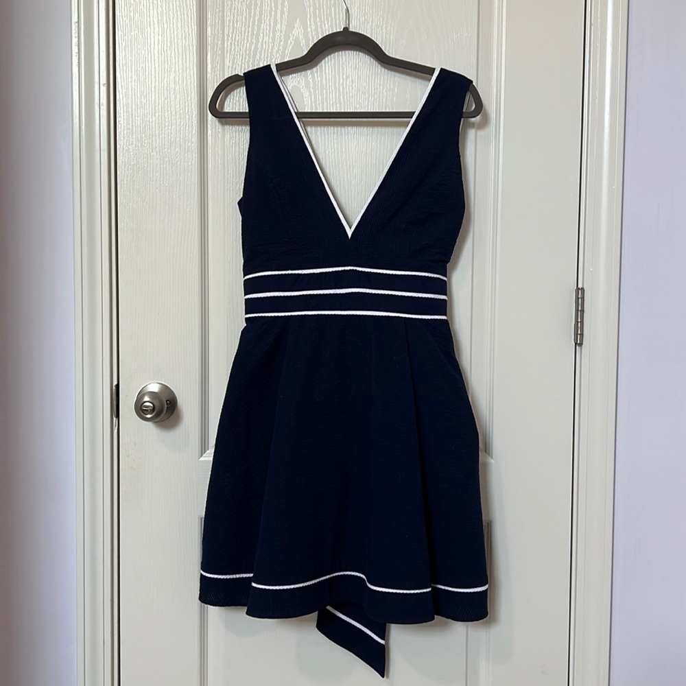 Lauren James Navy Seersucker Deep V Dress